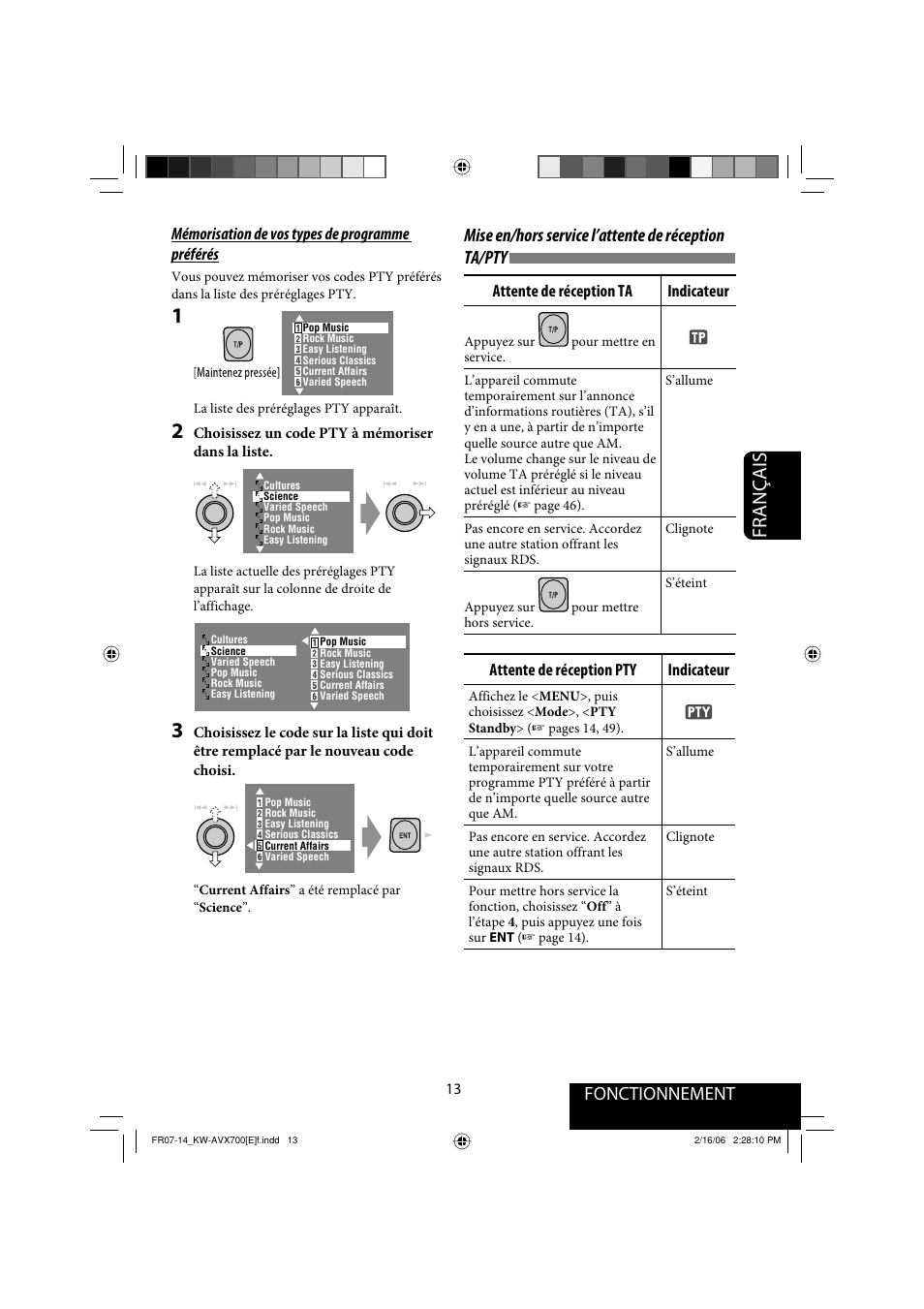 Français, Fonctionnement, Mise en/hors service l’attente de réception ta/pty | JVC Exad KW-AVX 700 User Manual | Page 129 / 235