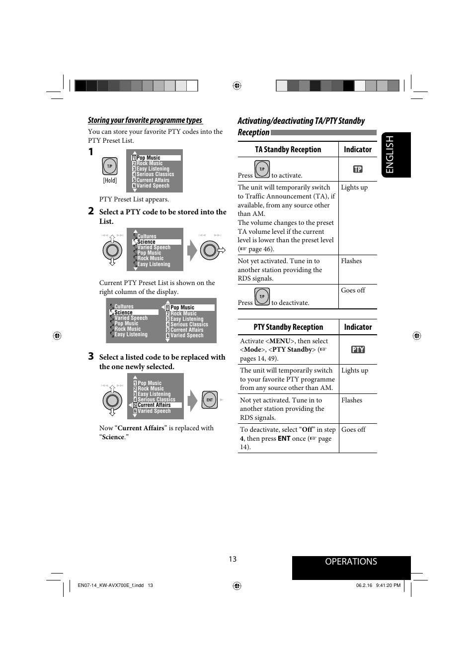 English, Operations, Activating/deactivating ta/pty standby reception | JVC Exad KW-AVX 700 User Manual | Page 13 / 235