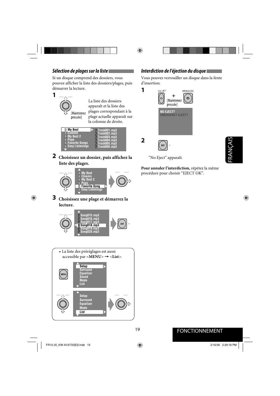 Français, Fonctionnement sélection de plages sur la liste, Interdiction de l’éjection du disque | JVC Exad KW-AVX 700 User Manual | Page 135 / 235