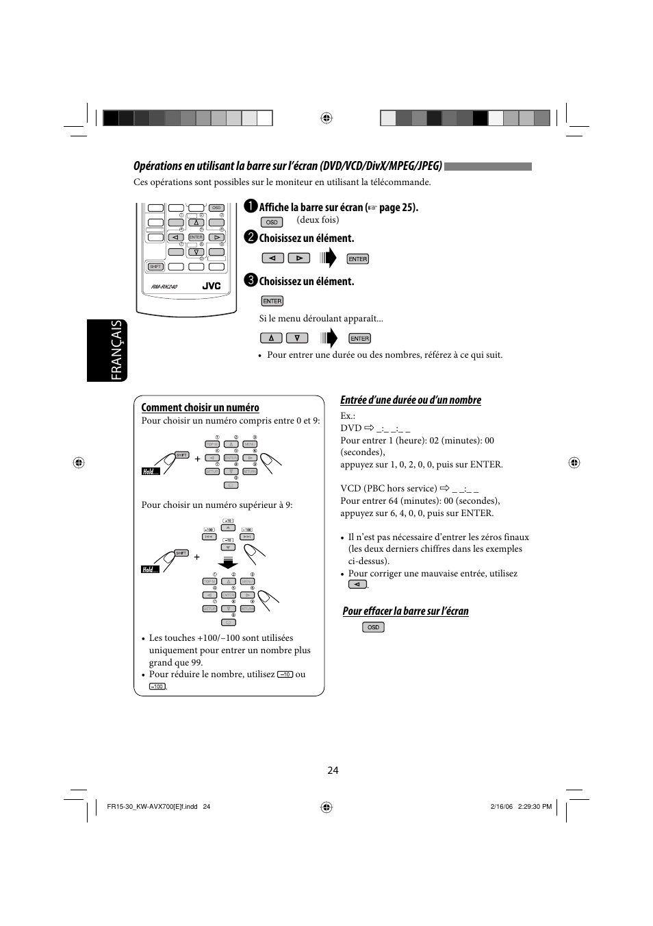 Français, Entrée d’une durée ou d’un nombre, Pour effacer la barre sur l’écran | Affiche la barre sur écran, Page 25), Choisissez un élément, Comment choisir un numéro | JVC Exad KW-AVX 700 User Manual | Page 140 / 235
