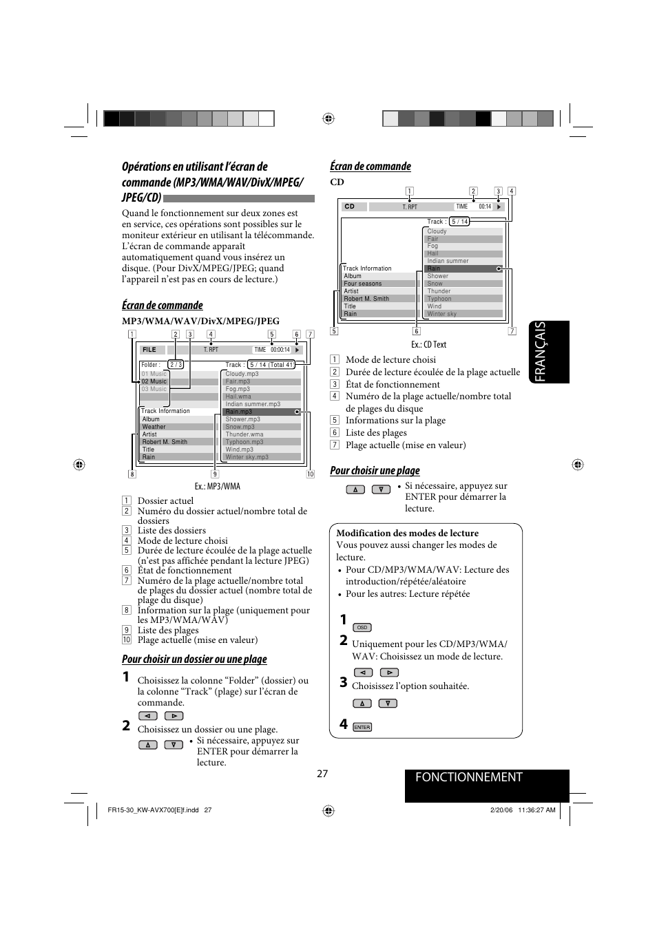 Français, Écran de commande, Pour choisir un dossier ou une plage | Pour choisir une plage | JVC Exad KW-AVX 700 User Manual | Page 143 / 235