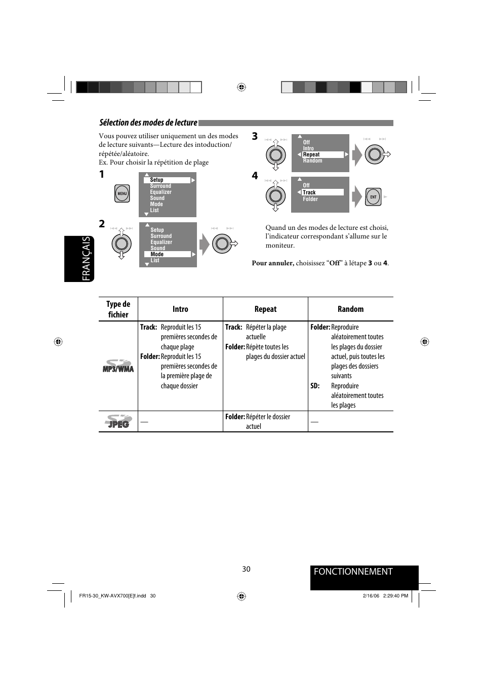 Français, Sélection des modes de lecture, Fonctionnement | JVC Exad KW-AVX 700 User Manual | Page 146 / 235