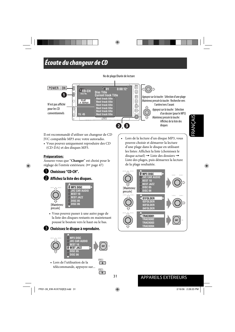Écoute du changeur de cd, Français, Appareils extérieurs | Choisissez “cd-ch, Affichez la liste des disques, Choisissez le disque à reproduire | JVC Exad KW-AVX 700 User Manual | Page 147 / 235