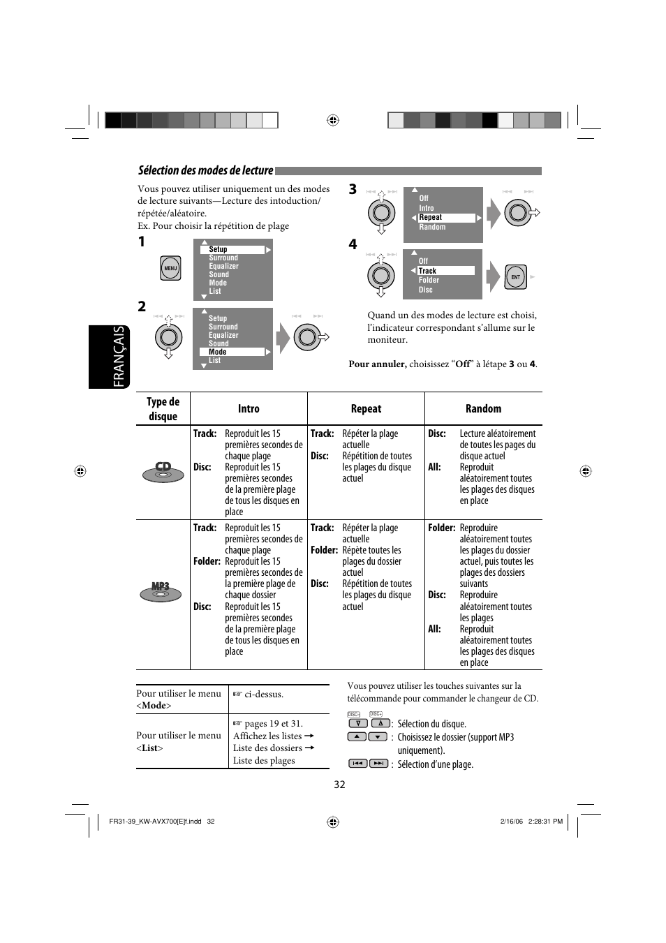 Français, Sélection des modes de lecture | JVC Exad KW-AVX 700 User Manual | Page 148 / 235