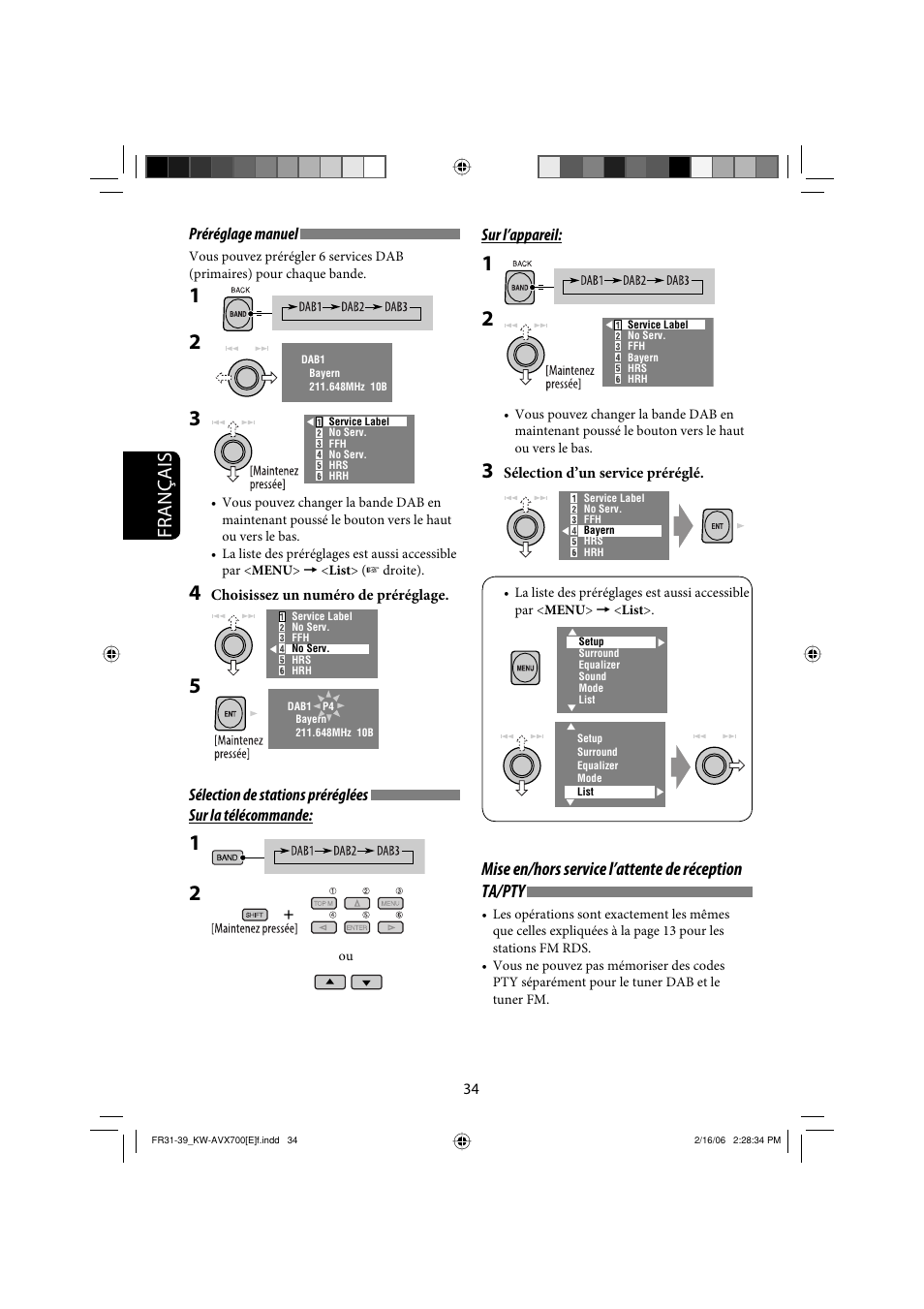 Français, Mise en/hors service l’attente de réception ta/pty | JVC Exad KW-AVX 700 User Manual | Page 150 / 235