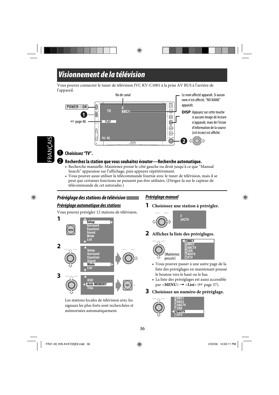 Visionnement de la télévision, Français, Préréglage des stations de télévision | JVC Exad KW-AVX 700 User Manual | Page 152 / 235