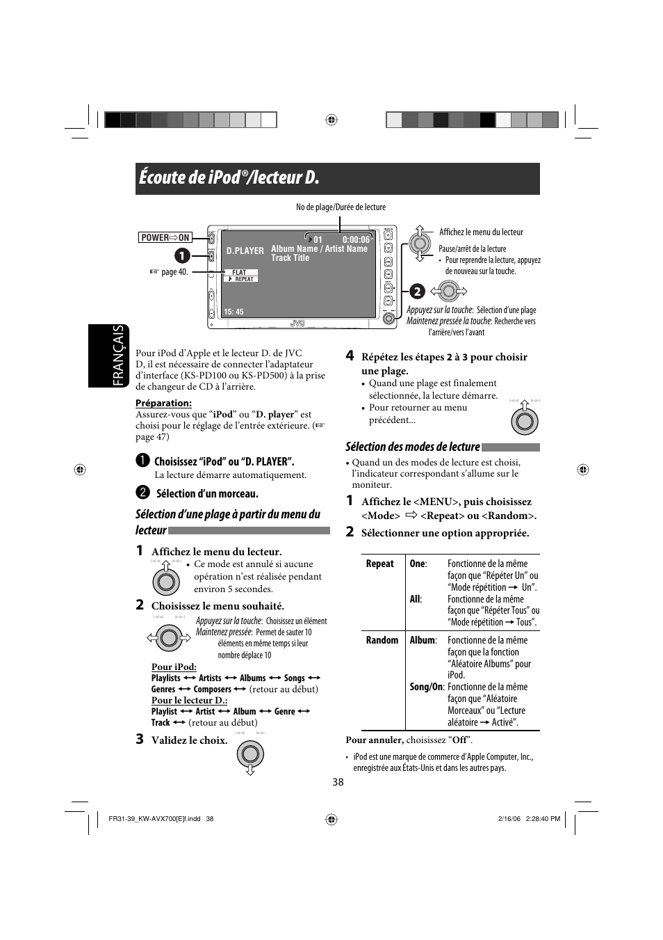 Écoute de ipod®/lecteur d, Français, Sélection d’une plage à partir du menu du lecteur | Sélection des modes de lecture | JVC Exad KW-AVX 700 User Manual | Page 154 / 235