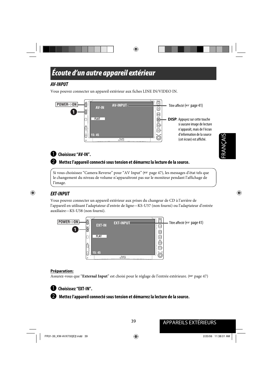 Écoute d’un autre appareil extérieur, Français, Appareils extérieurs av-input | Ext-input | JVC Exad KW-AVX 700 User Manual | Page 155 / 235