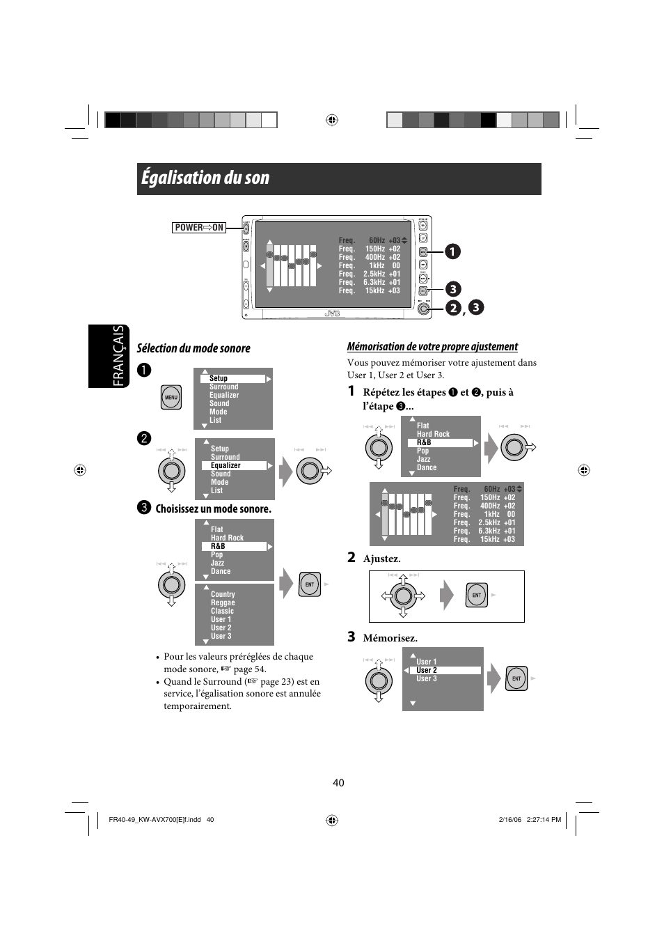 Égalisation du son, Français, Sélection du mode sonore | JVC Exad KW-AVX 700 User Manual | Page 156 / 235