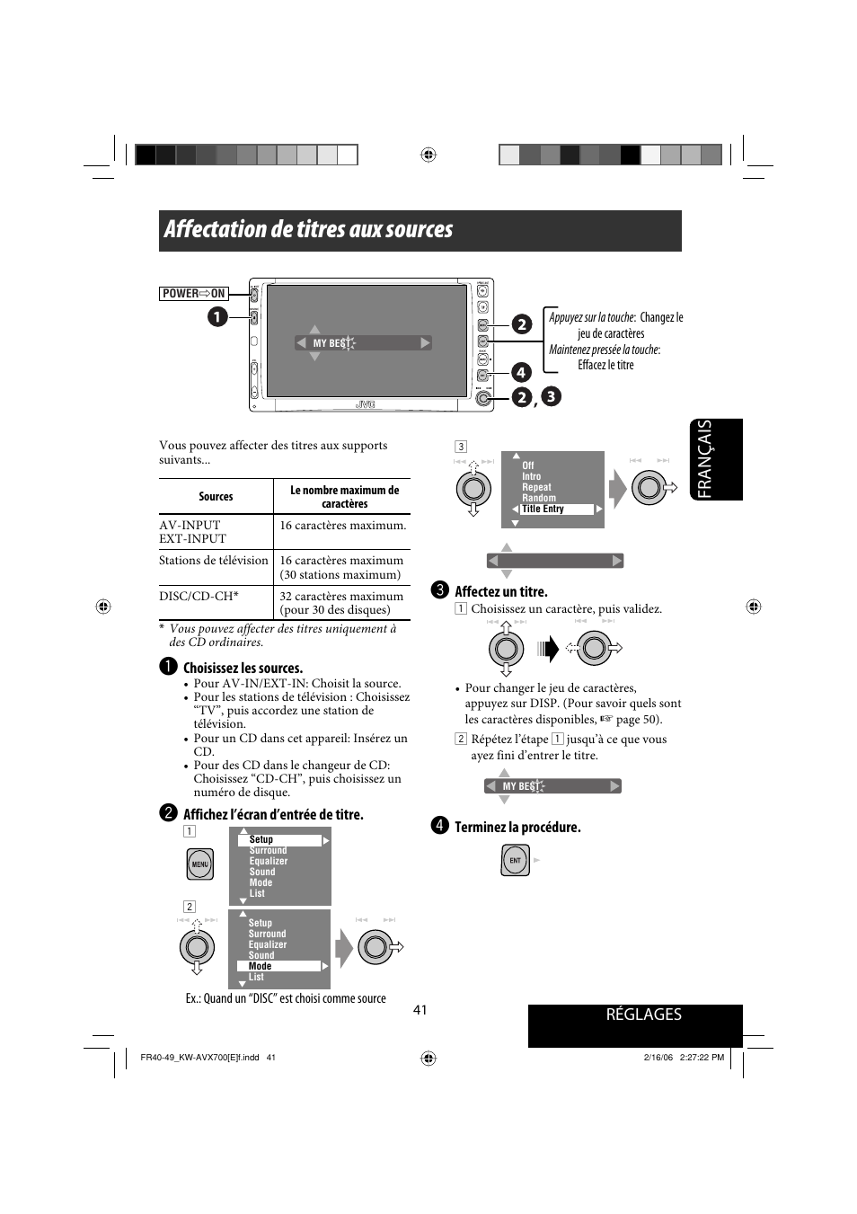 Affectation de titres aux sources, Français, Réglages | JVC Exad KW-AVX 700 User Manual | Page 157 / 235