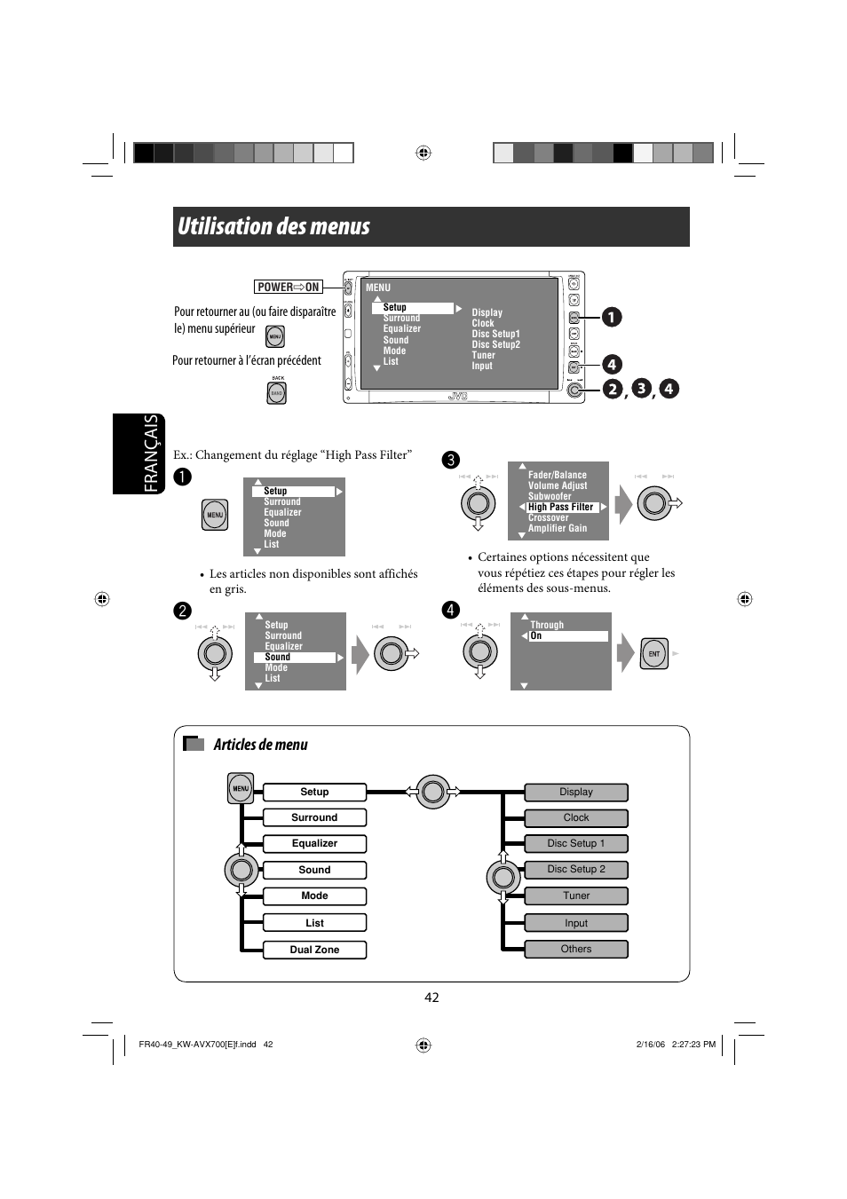 Utilisation des menus, Français, Articles de menu | JVC Exad KW-AVX 700 User Manual | Page 158 / 235