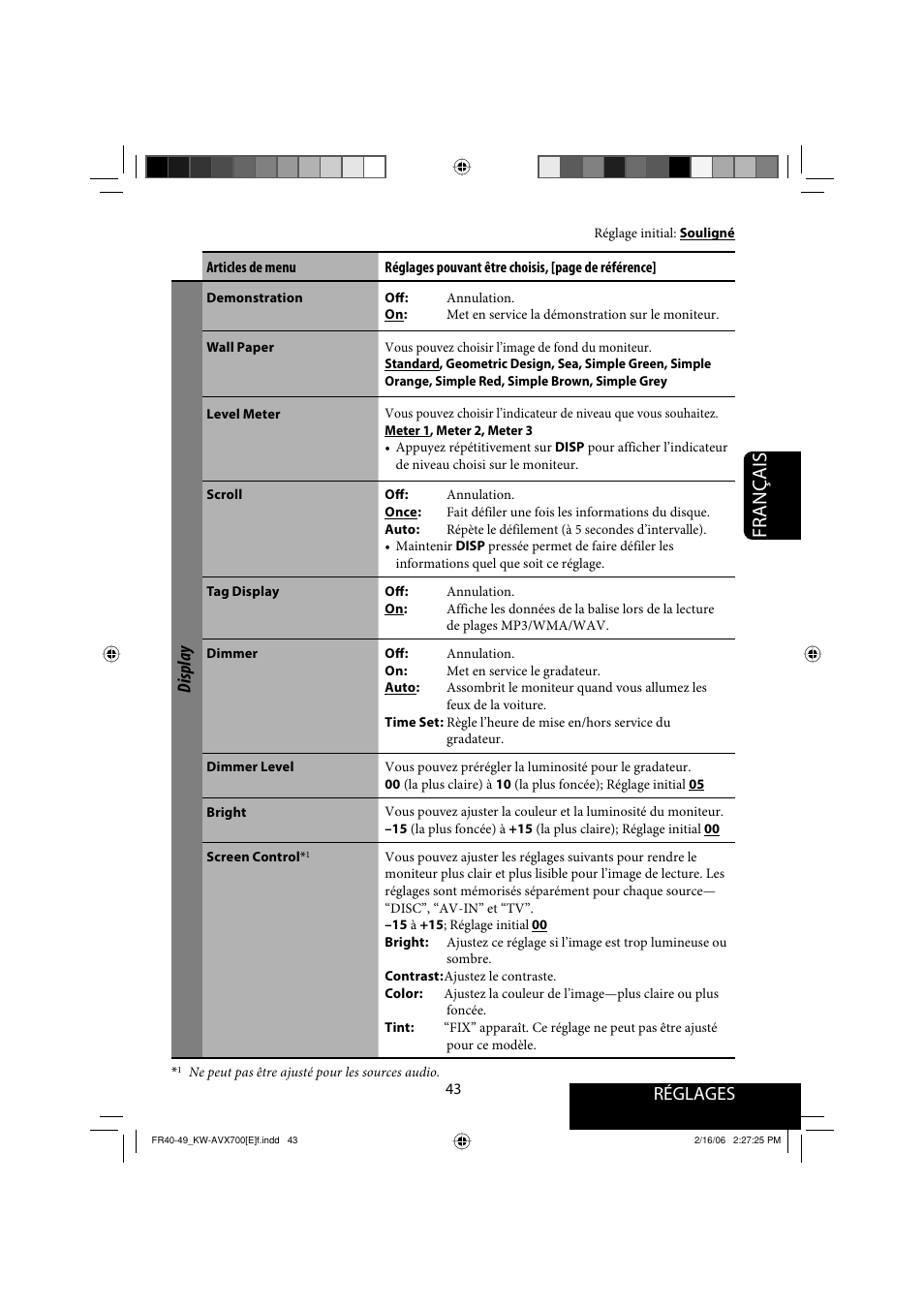 Français, Réglages, Display | JVC Exad KW-AVX 700 User Manual | Page 159 / 235
