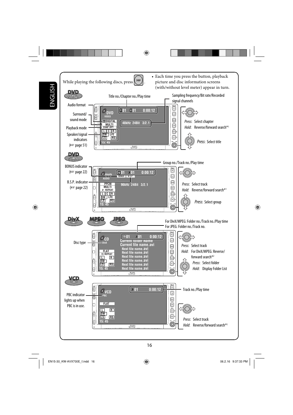 English, Press | JVC Exad KW-AVX 700 User Manual | Page 16 / 235