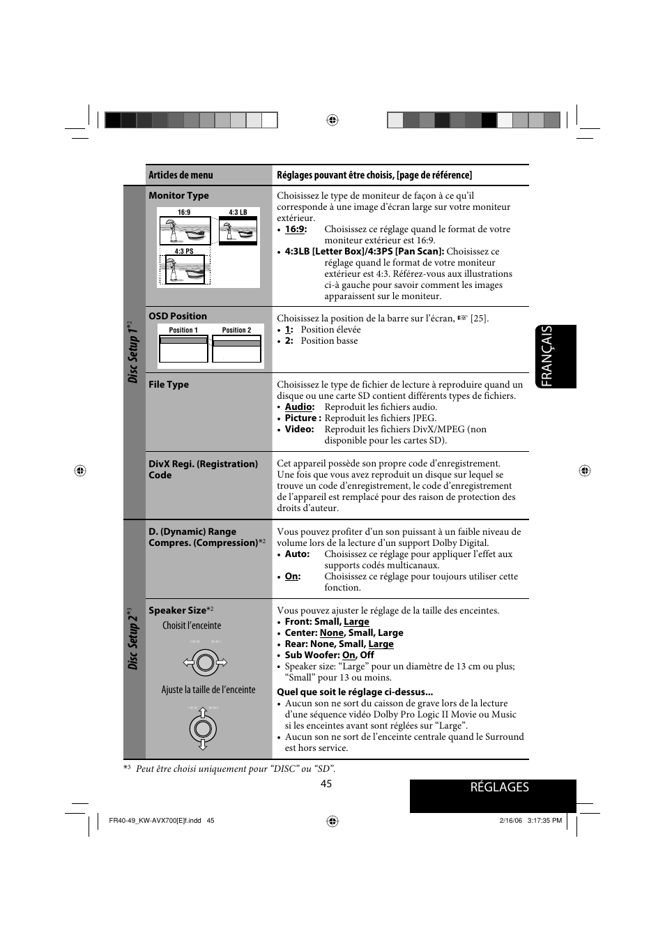 Français, Réglages, Disc setup 1 | Disc setup 2 | JVC Exad KW-AVX 700 User Manual | Page 161 / 235