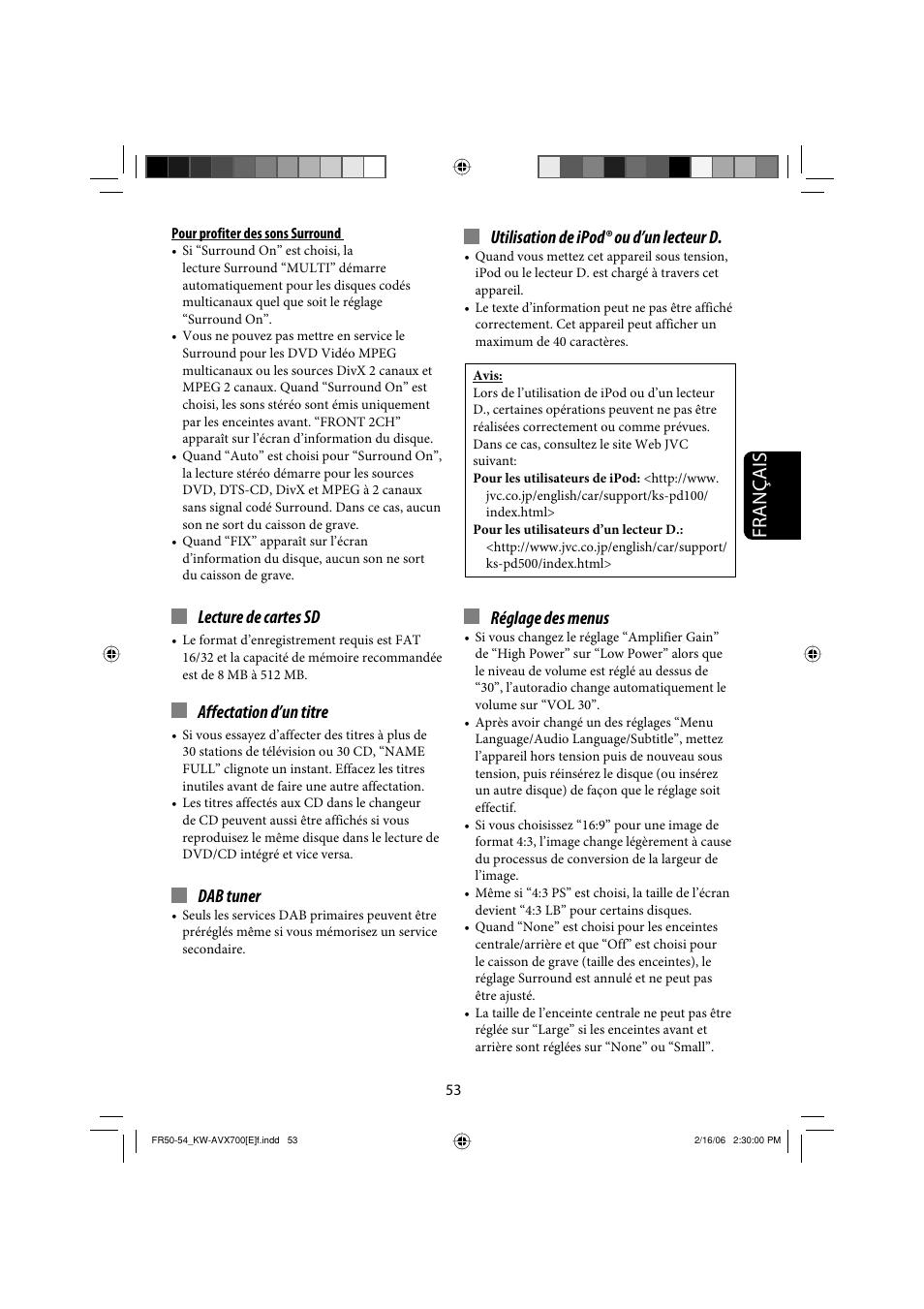 Français, Lecture de cartes sd, Affectation d’un titre | Dab tuner, Utilisation de ipod® ou d’un lecteur d, Réglage des menus | JVC Exad KW-AVX 700 User Manual | Page 169 / 235