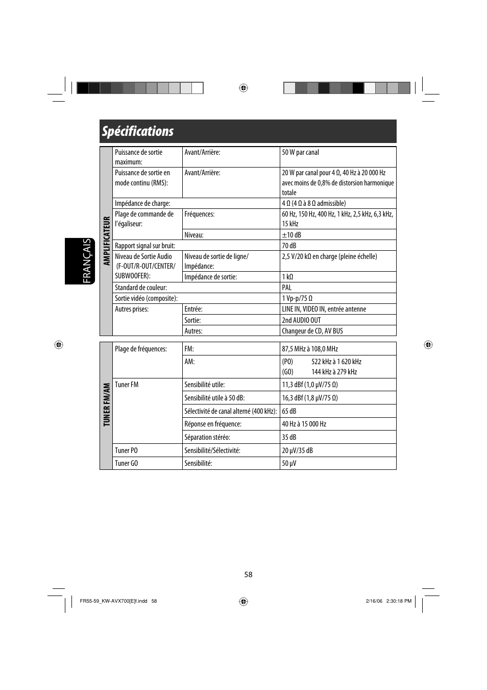 Spécifications, Français | JVC Exad KW-AVX 700 User Manual | Page 174 / 235