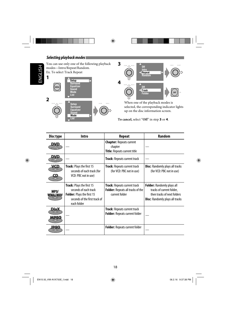 English, Selecting playback modes | JVC Exad KW-AVX 700 User Manual | Page 18 / 235