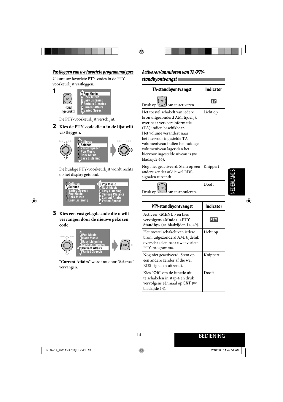 Nederlands, Bediening, Activeren/annuleren van ta/pty- standbyontvangst | JVC Exad KW-AVX 700 User Manual | Page 187 / 235