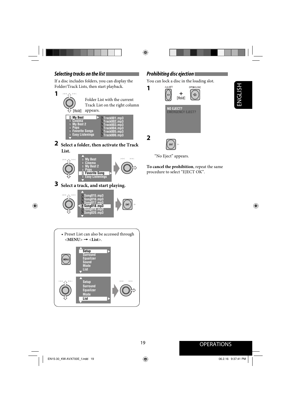 English, Operations, Selecting tracks on the list | Prohibiting disc ejection | JVC Exad KW-AVX 700 User Manual | Page 19 / 235