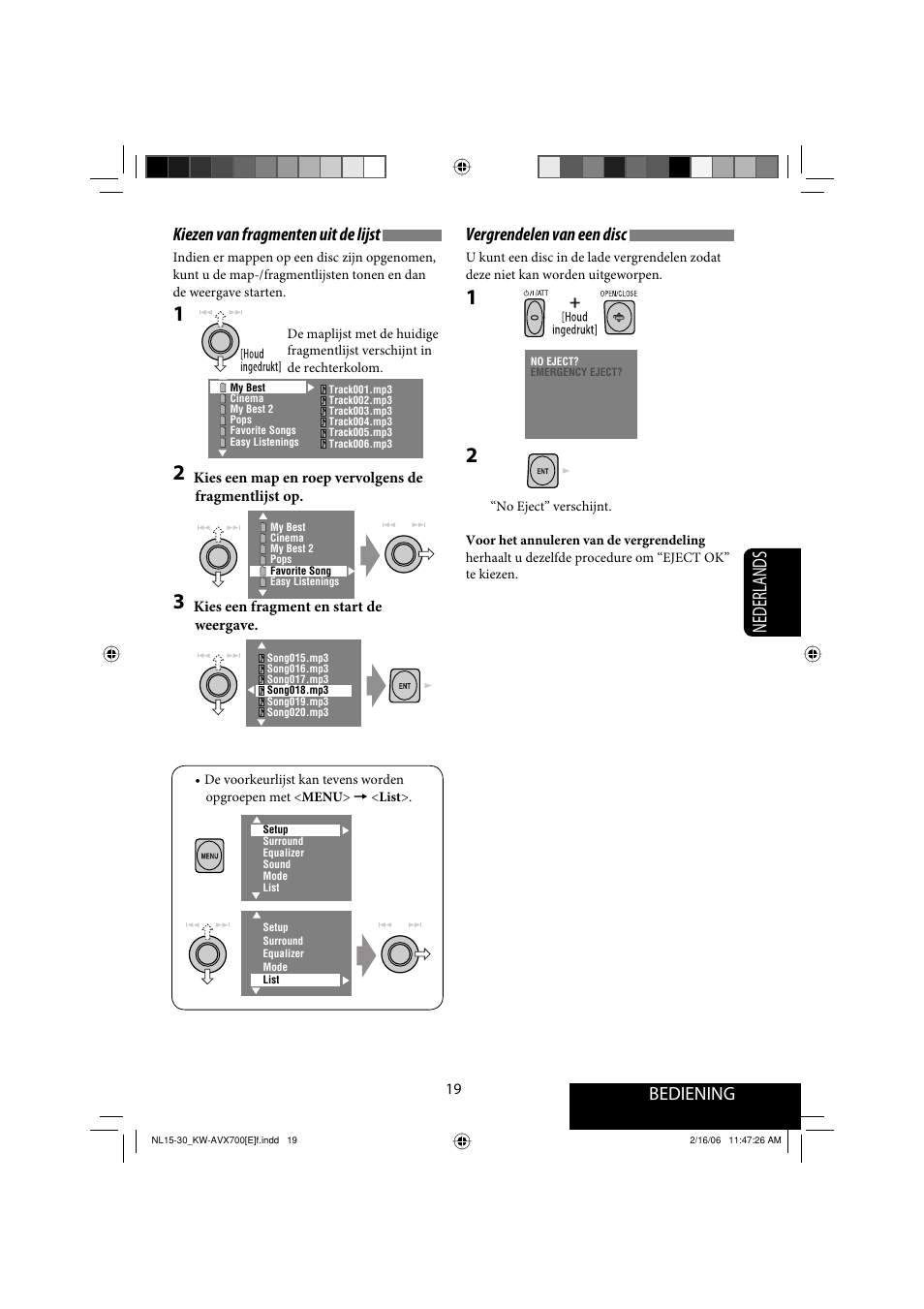 Nederlands, Bediening, Kiezen van fragmenten uit de lijst | Vergrendelen van een disc | JVC Exad KW-AVX 700 User Manual | Page 193 / 235
