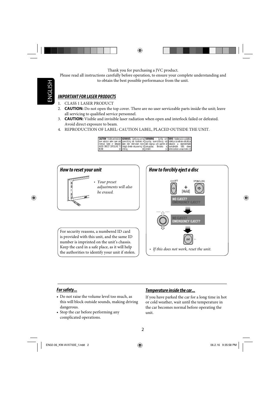 English, How to reset your unit, How to forcibly eject a disc | JVC Exad KW-AVX 700 User Manual | Page 2 / 235