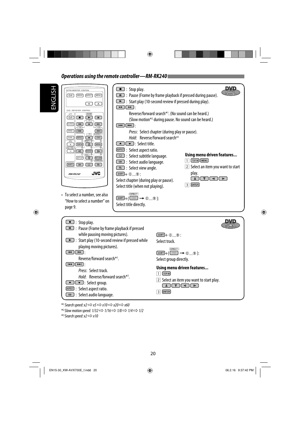 English, Operations using the remote controller—rm-rk240, No sound can be heard.) (slow motion | Select title directly, Select group directly. using menu driven features, Select an item you want to start play | JVC Exad KW-AVX 700 User Manual | Page 20 / 235
