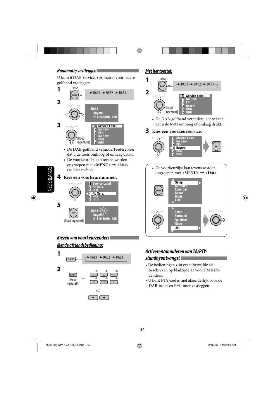 Nederlands, Kiezen van voorkeurzenders, Activeren/annuleren van ta/pty- standbyontvangst | JVC Exad KW-AVX 700 User Manual | Page 208 / 235