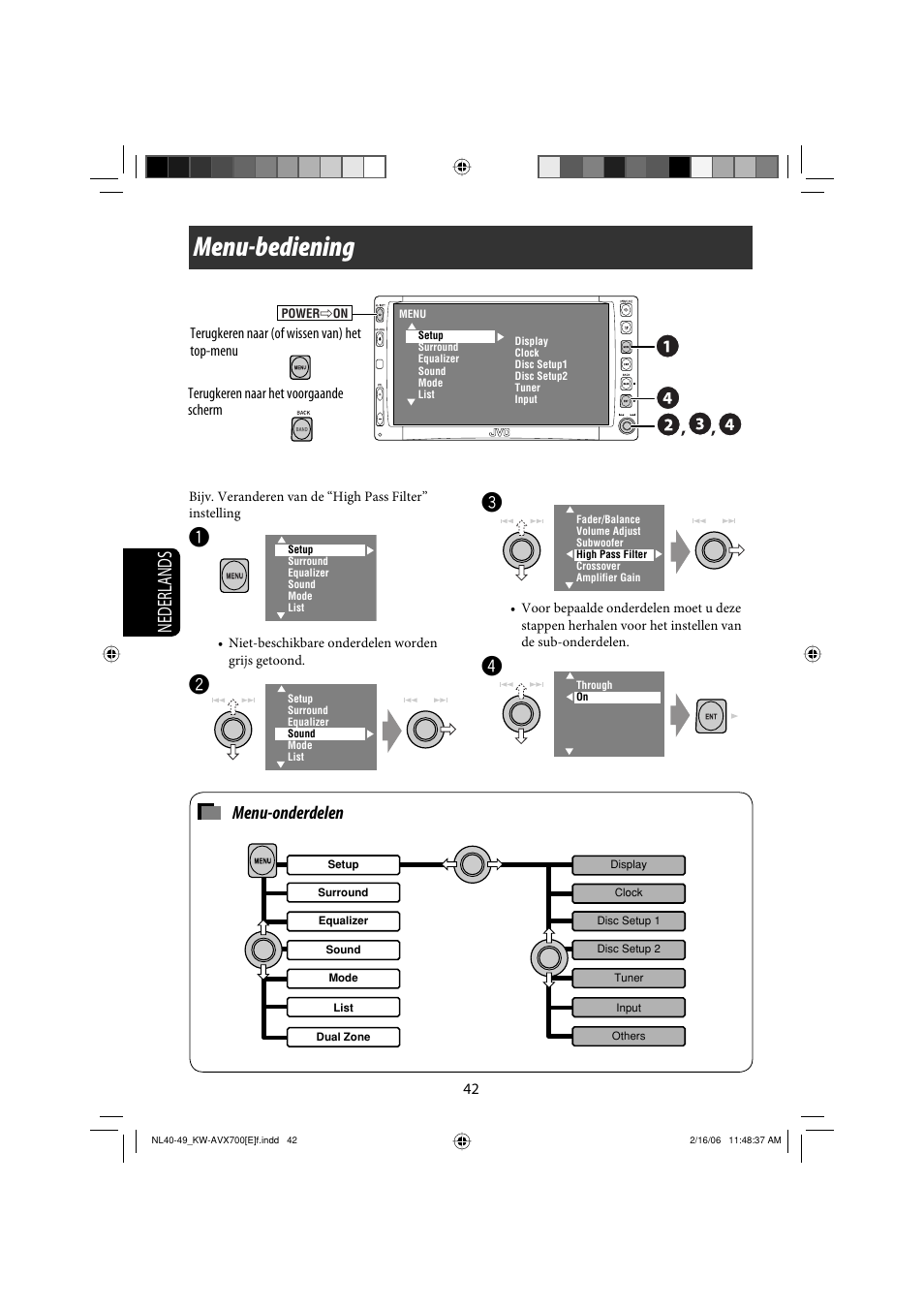 Menu-bediening, Nederlands, Menu-onderdelen | JVC Exad KW-AVX 700 User Manual | Page 216 / 235