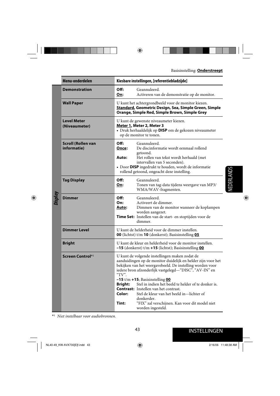 Nederlands, Instellingen, Display | JVC Exad KW-AVX 700 User Manual | Page 217 / 235
