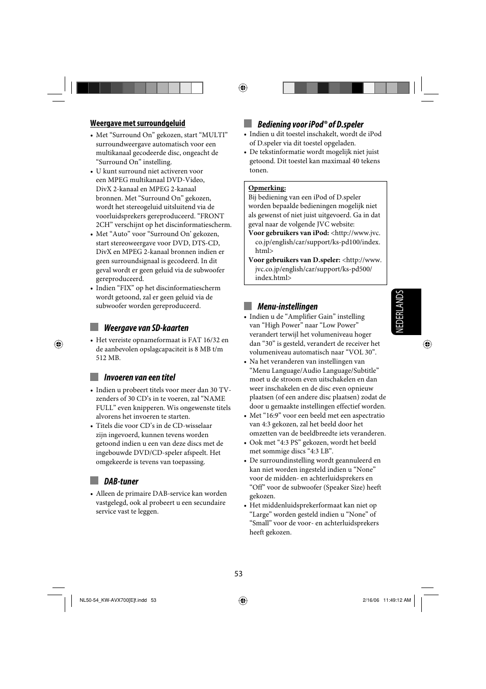 Nederlands, Weergave van sd-kaarten, Invoeren van een titel | Dab-tuner, Bediening voor ipod® of d.speler, Menu-instellingen | JVC Exad KW-AVX 700 User Manual | Page 227 / 235