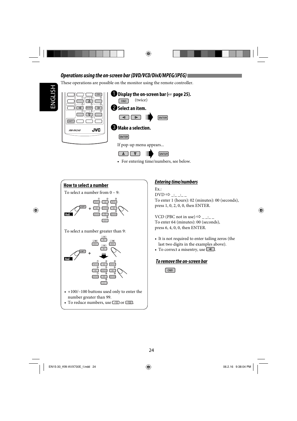 English, Entering time/numbers, Display the on-screen bar | Page 25), Select an item, Make a selection, How to select a number | JVC Exad KW-AVX 700 User Manual | Page 24 / 235