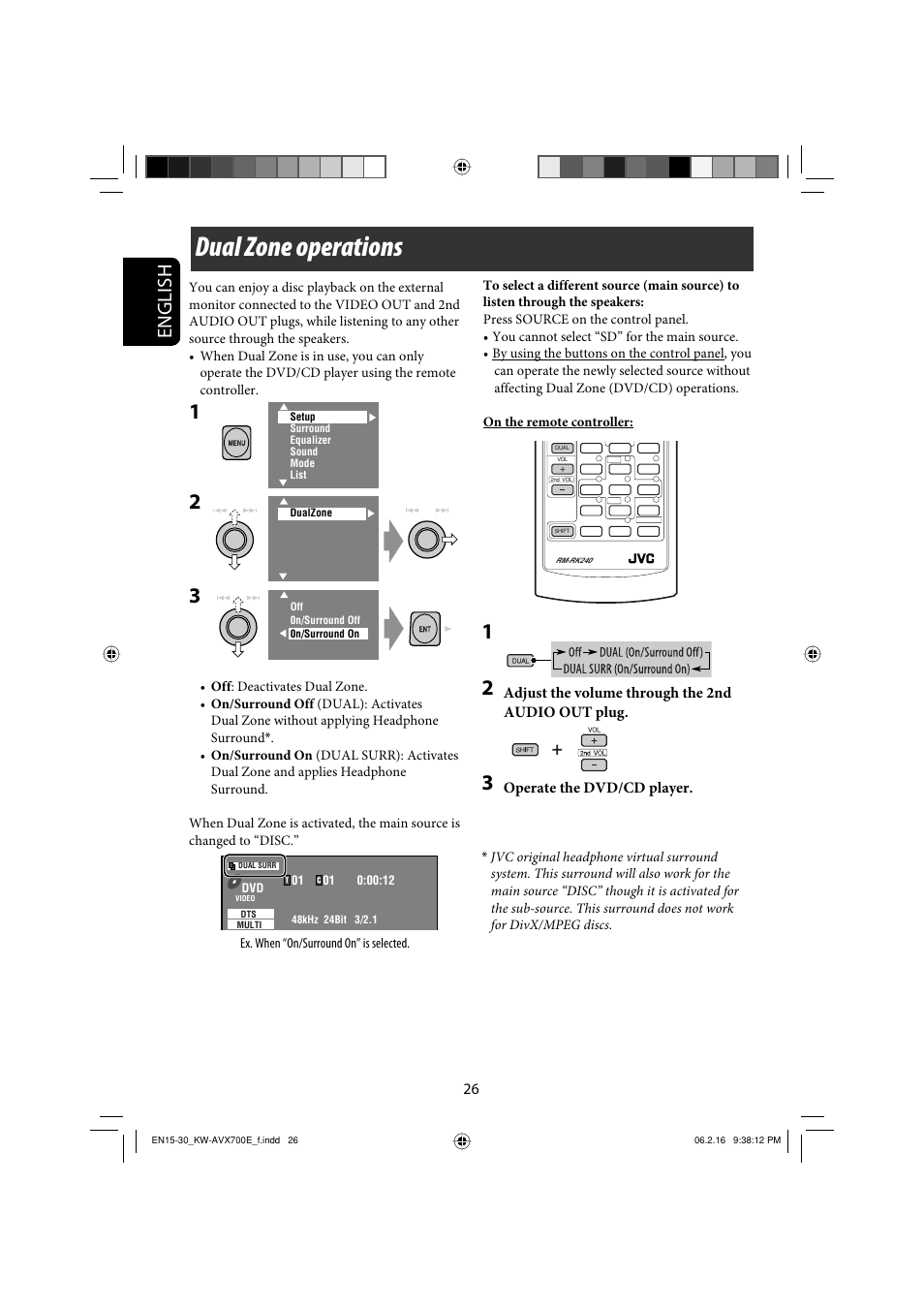 Dual zone operations, English | JVC Exad KW-AVX 700 User Manual | Page 26 / 235