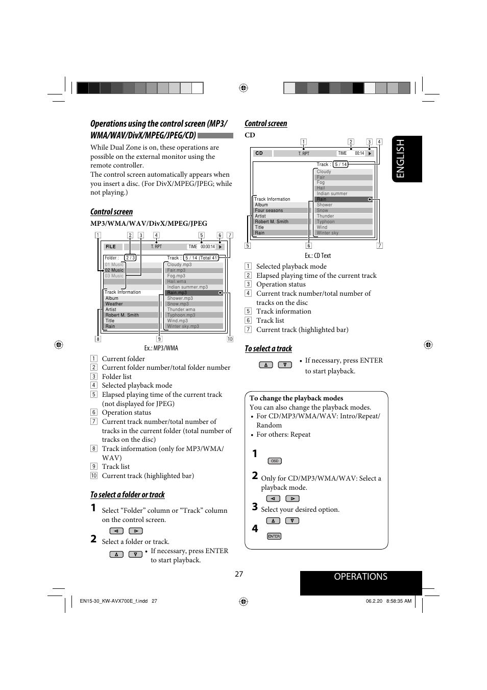 English, Operations, Control screen | JVC Exad KW-AVX 700 User Manual | Page 27 / 235