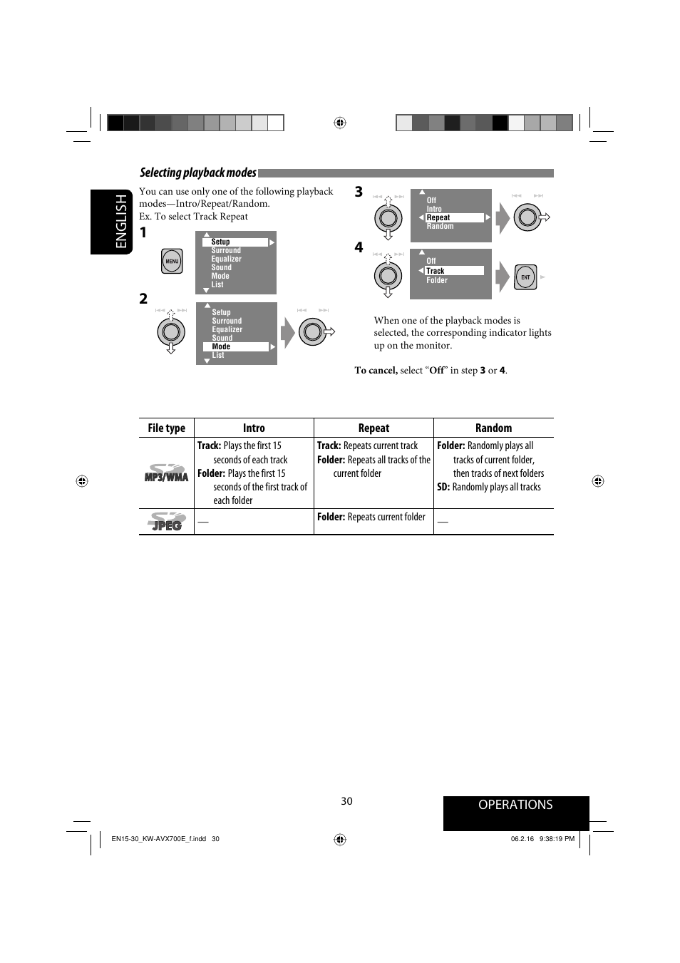 English, Selecting playback modes, Operations | JVC Exad KW-AVX 700 User Manual | Page 30 / 235