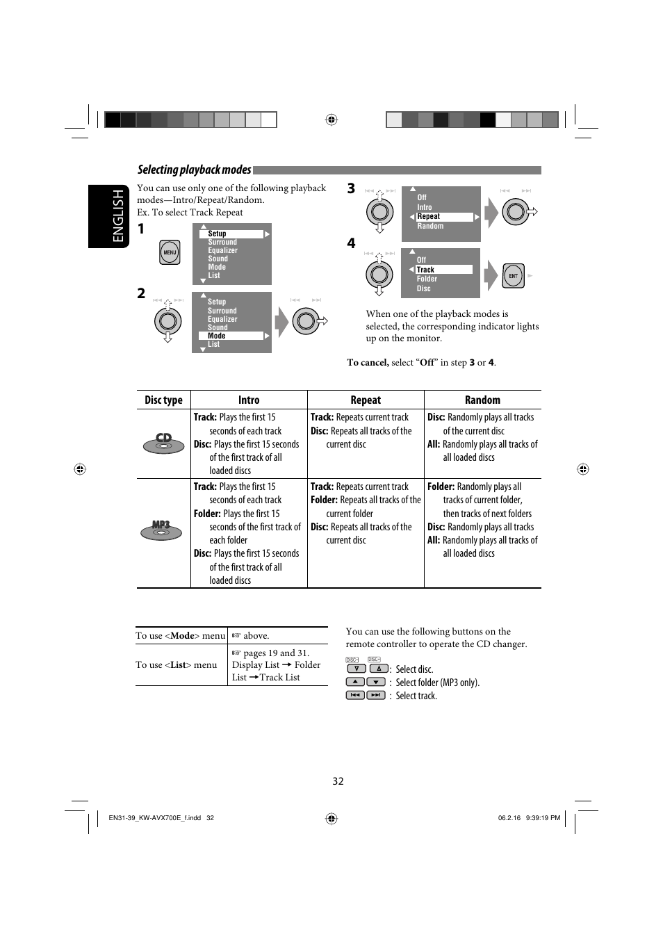 English, Selecting playback modes | JVC Exad KW-AVX 700 User Manual | Page 32 / 235