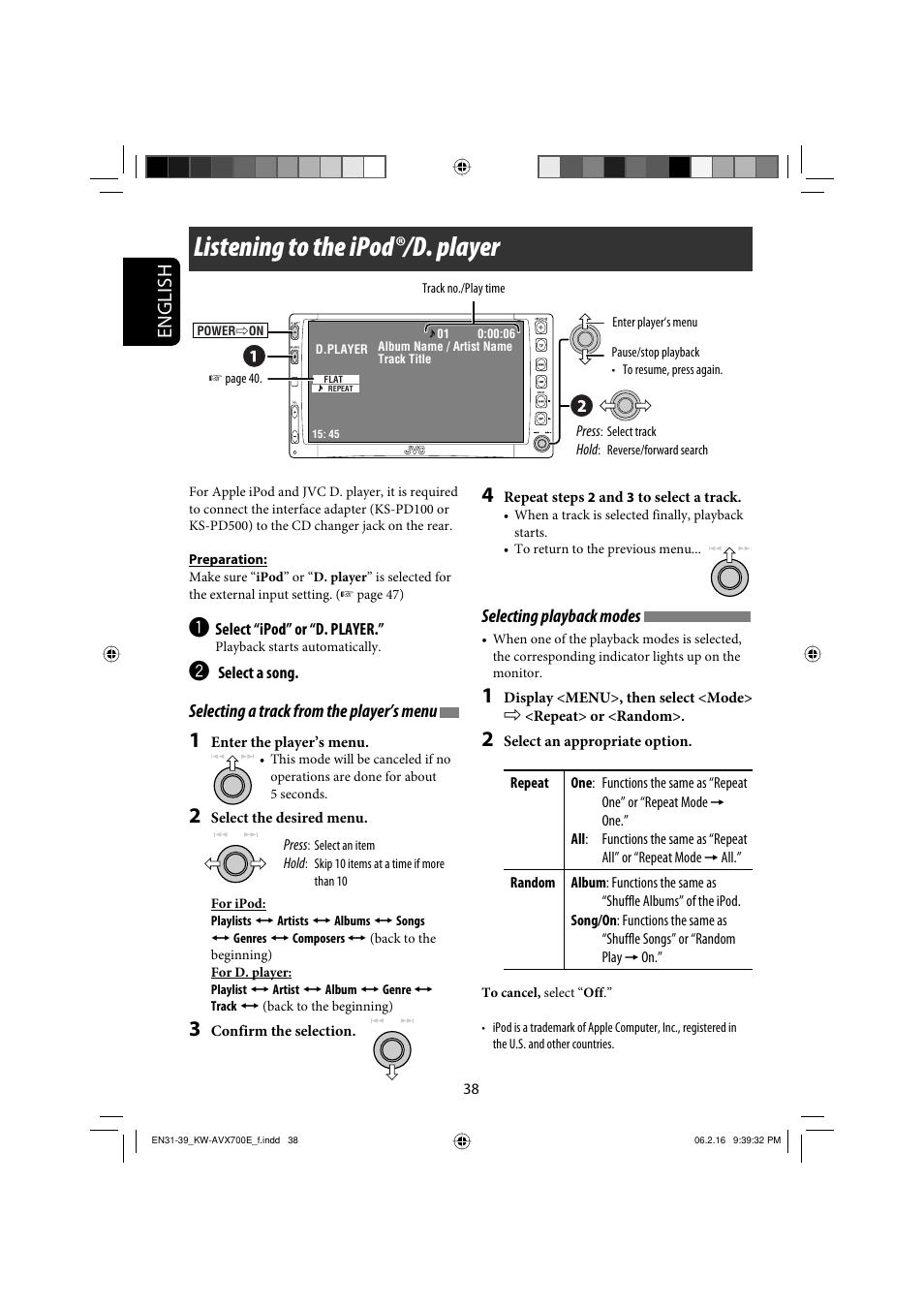 Listening to the ipod®/d. player, English, Selecting a track from the player’s menu | Selecting playback modes | JVC Exad KW-AVX 700 User Manual | Page 38 / 235