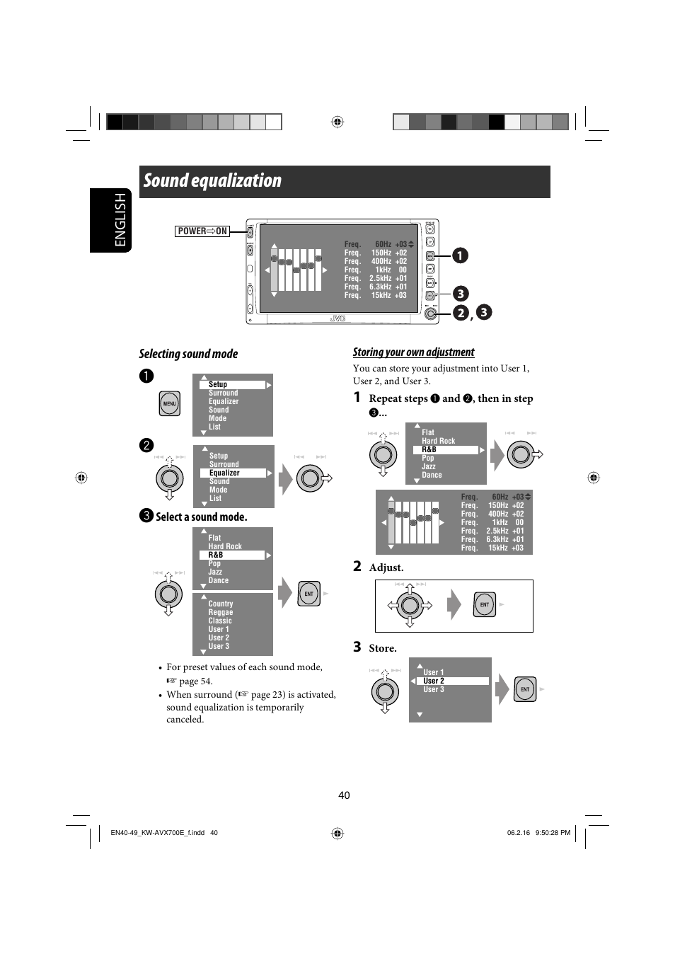 Settings, Sound equalization, English | Selecting sound mode | JVC Exad KW-AVX 700 User Manual | Page 40 / 235