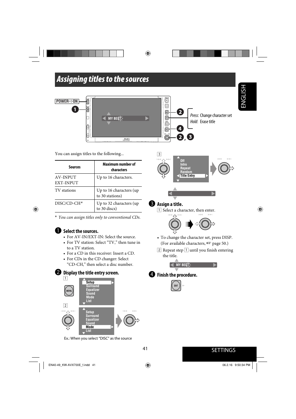 Assigning titles to the sources, English, Settings | JVC Exad KW-AVX 700 User Manual | Page 41 / 235