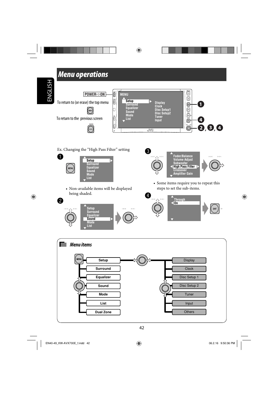 Menu operations, English, Menu items | JVC Exad KW-AVX 700 User Manual | Page 42 / 235