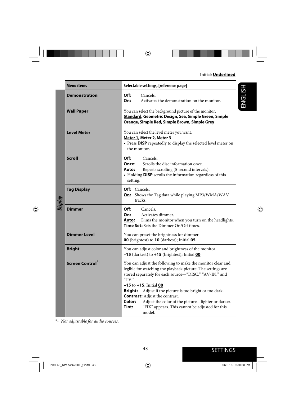 English, Settings, Display | JVC Exad KW-AVX 700 User Manual | Page 43 / 235