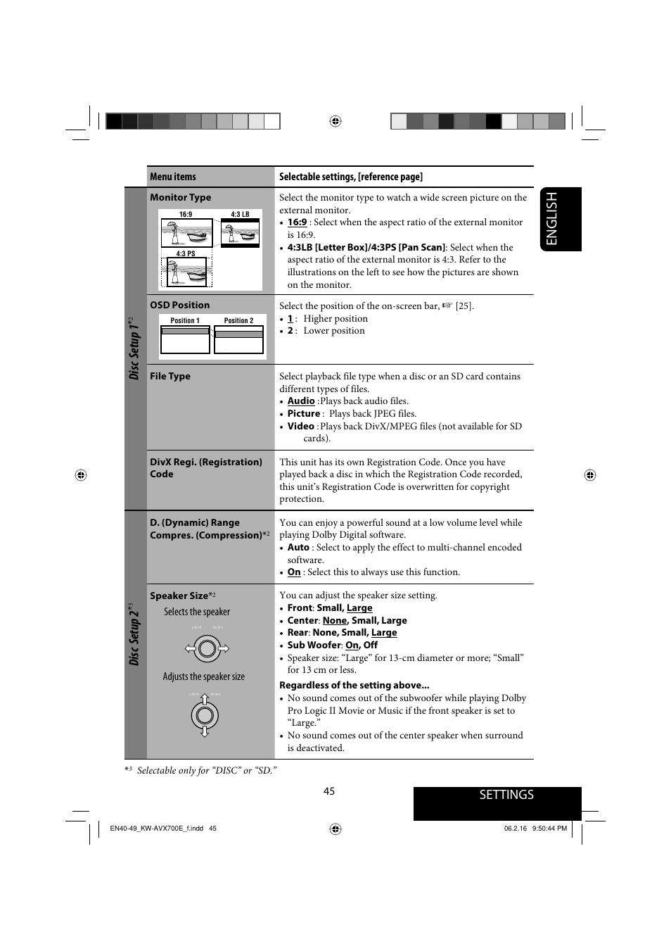 English, Settings, Disc setup 1 | Disc setup 2 | JVC Exad KW-AVX 700 User Manual | Page 45 / 235