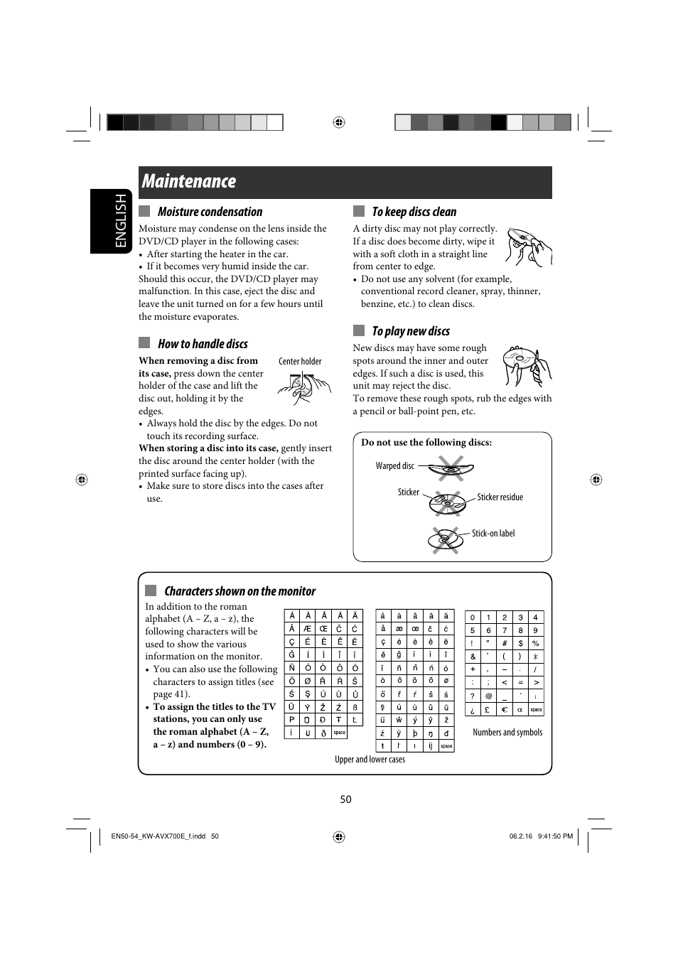 Maintenance, English, Moisture condensation | How to handle discs, Characters shown on the monitor | JVC Exad KW-AVX 700 User Manual | Page 50 / 235