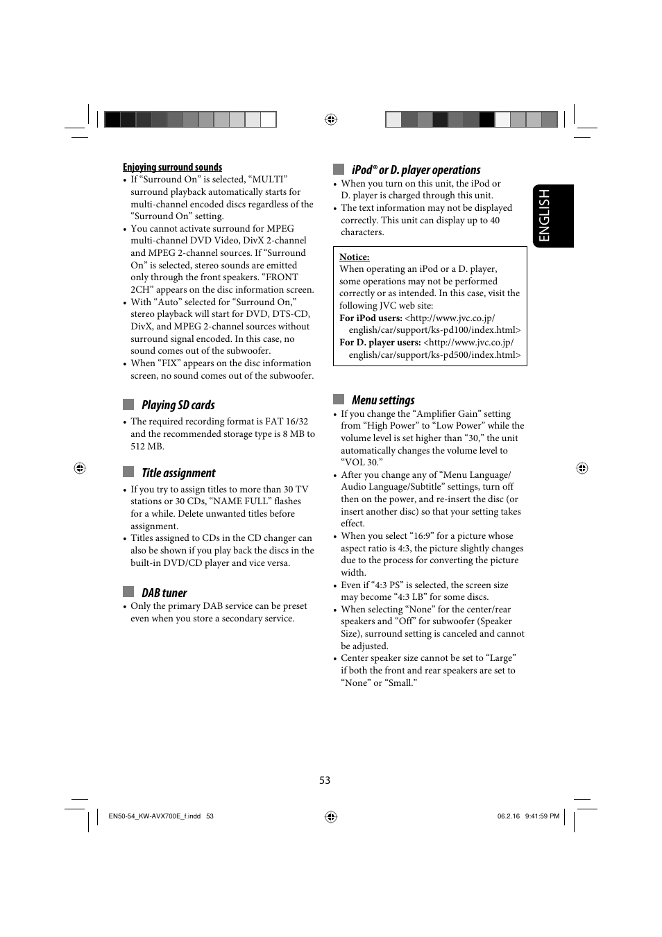 English, Playing sd cards, Title assignment | Dab tuner, Ipod® or d. player operations, Menu settings | JVC Exad KW-AVX 700 User Manual | Page 53 / 235