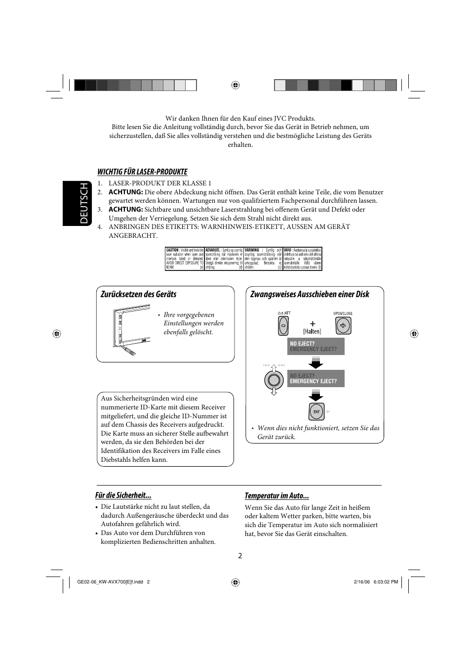 Deutsch, Zurücksetzen des geräts, Zwangsweises ausschieben einer disk | JVC Exad KW-AVX 700 User Manual | Page 60 / 235