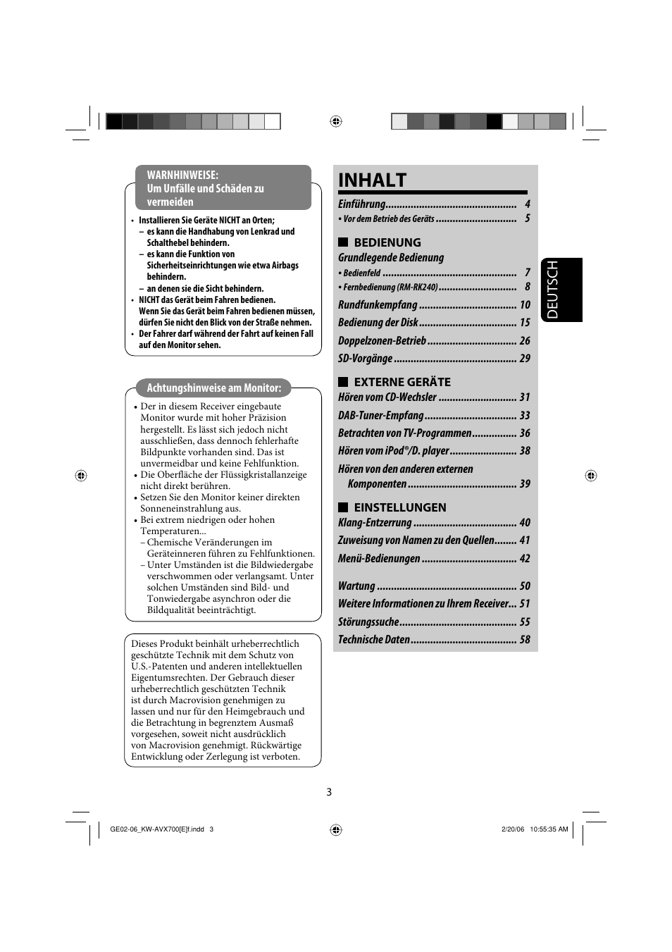 Inhalt, Deutsch | JVC Exad KW-AVX 700 User Manual | Page 61 / 235