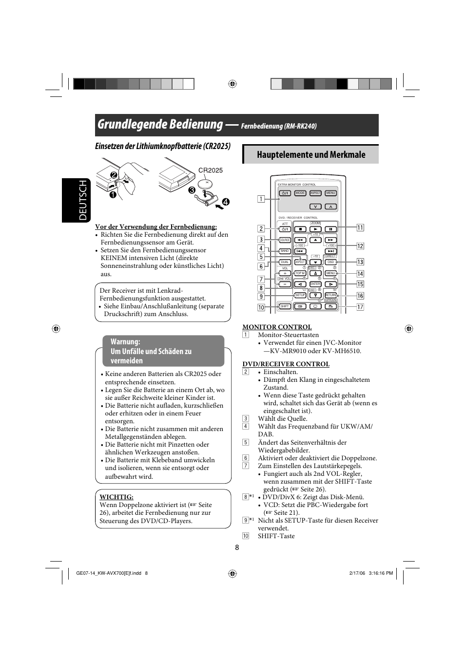Grundlegende bedienung, Deutsch, Hauptelemente und merkmale | Einsetzen der lithiumknopfbatterie (cr2025), Warnung: um unfälle und schäden zu vermeiden, Fernbedienung (rm-rk240) | JVC Exad KW-AVX 700 User Manual | Page 66 / 235