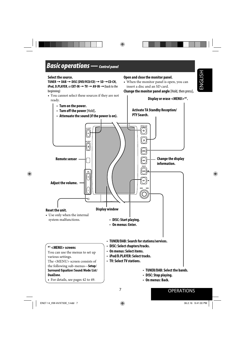 Operations, Basic operations, Control panel | English | JVC Exad KW-AVX 700 User Manual | Page 7 / 235