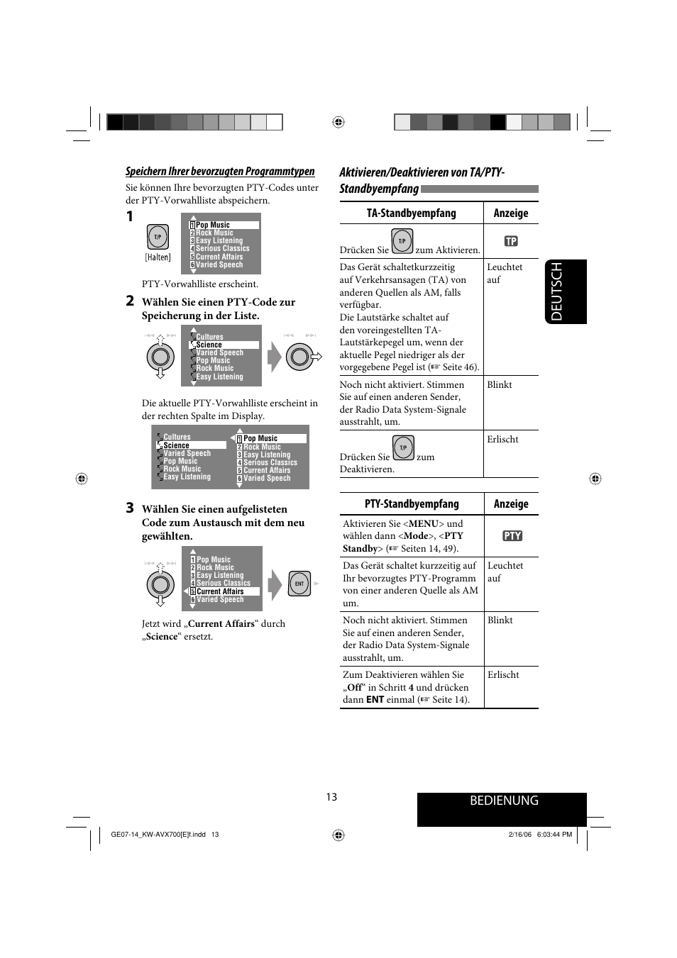 Deutsch, Bedienung, Aktivieren/deaktivieren von ta/pty- standbyempfang | JVC Exad KW-AVX 700 User Manual | Page 71 / 235