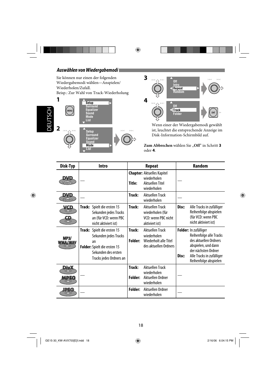 Deutsch, Auswählen von wiedergabemodi | JVC Exad KW-AVX 700 User Manual | Page 76 / 235