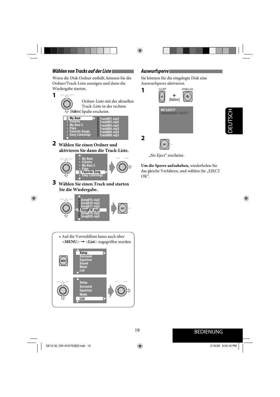 Deutsch, Bedienung, Wählen von tracks auf der liste | Auswurfsperre | JVC Exad KW-AVX 700 User Manual | Page 77 / 235